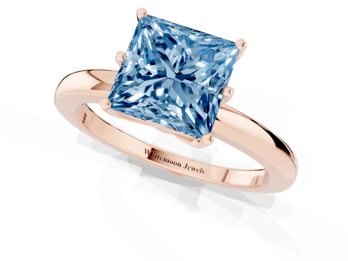 Fancy Blue Princess Cut Solitaire Diamond Ring with Six-Prong Setting on a Classic Band Rose gold