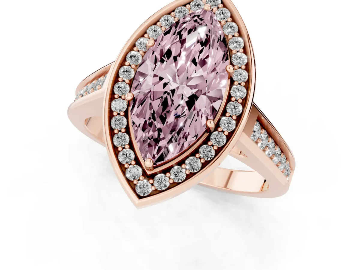 Fancy Pink Marquise Cut Halo Solitaire Diamond Ring with Pave Band and Bezel Setting Rose gold