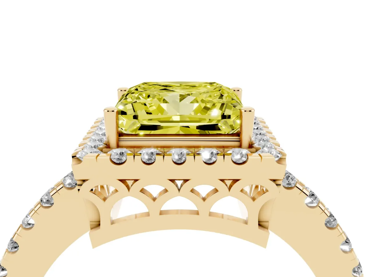 Fancy Yellow Princess Cut Halo Diamond Engagement Ring with Pavé Band and Four-Prong Setting Yellow gold
