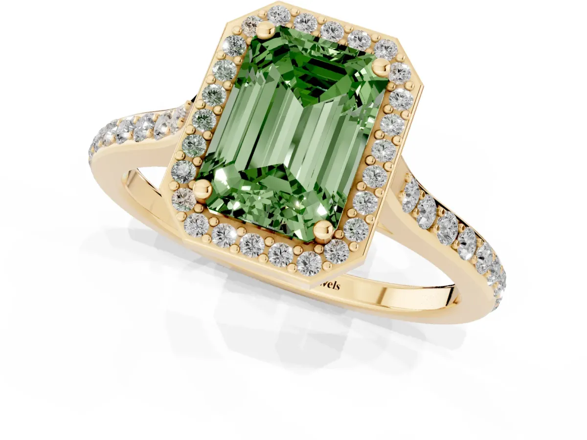 Fancy Green Emerald Cut Diamond Halo Engagement Ring with Round Pavé Shoulders and Prong Setting Yellow gold