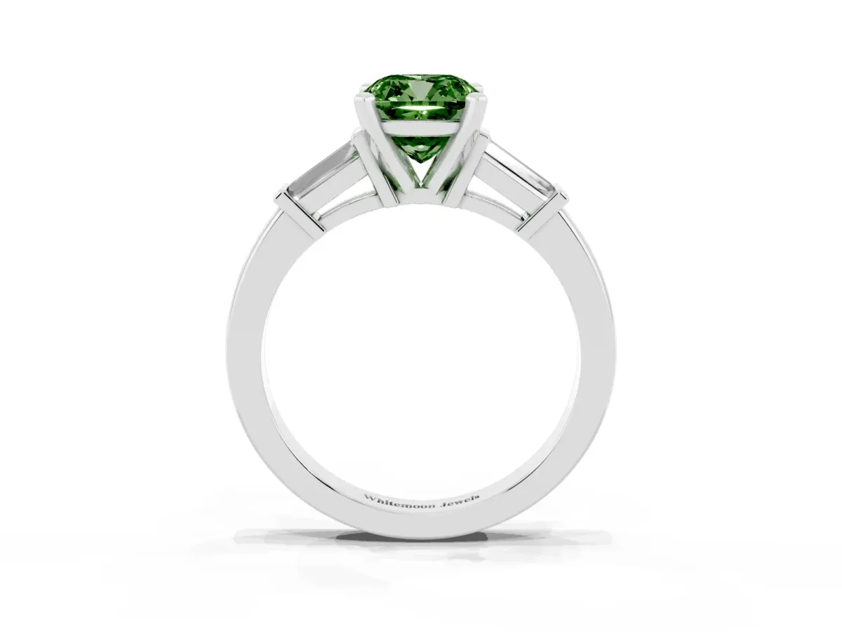 Fancy Green Cushion Cut Cut Diamond Solitaire Ring with Tapered Baguette Accents and Four-Prong Setting Silver