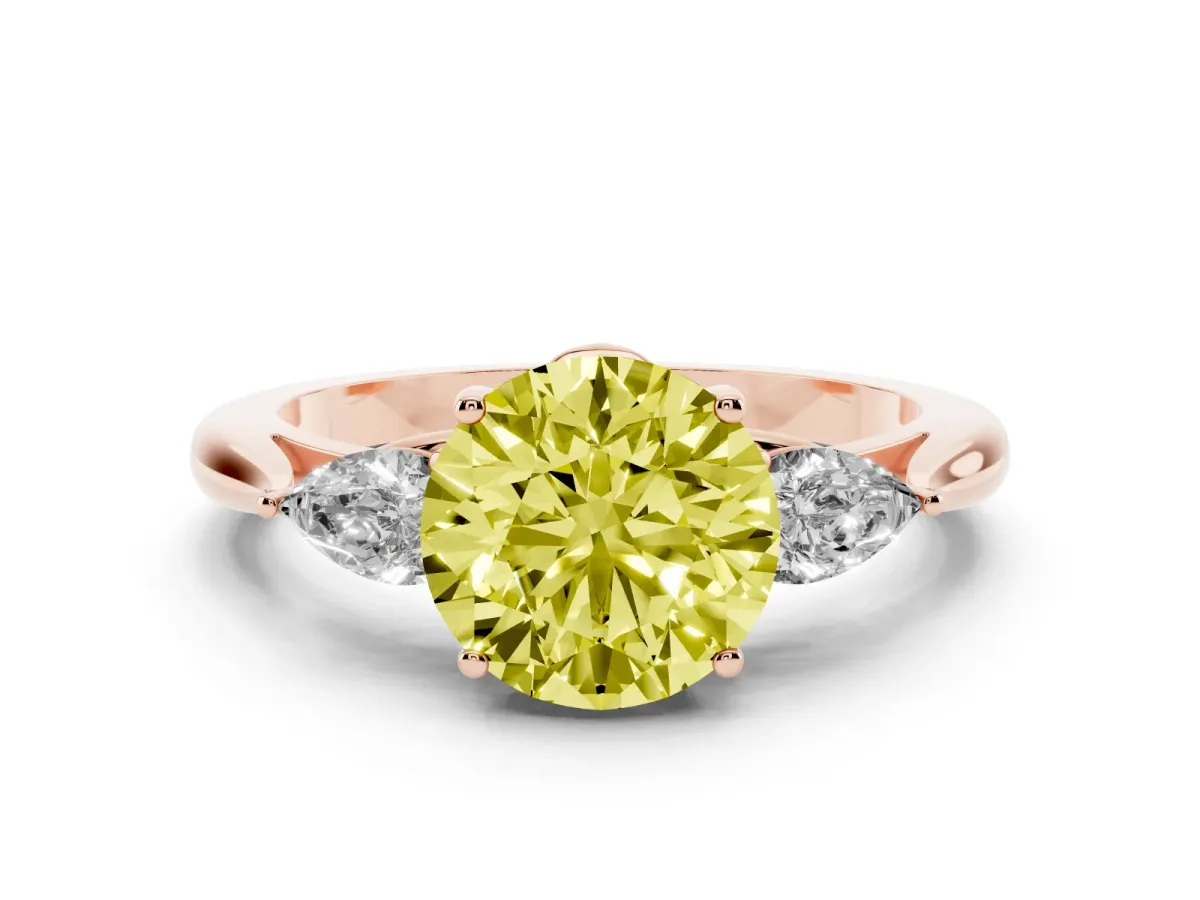 Fancy Yellow Round Cut Diamond Three-Stone Ring with Pear Side Stones and Prong Setting Rose gold