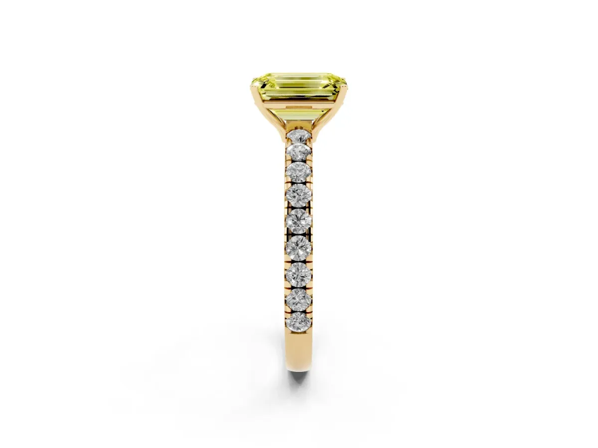 Fancy Yellow Emerald Cut Diamond Pavé Solitaire Engagement Ring with Four-Prong Setting Yellow gold
