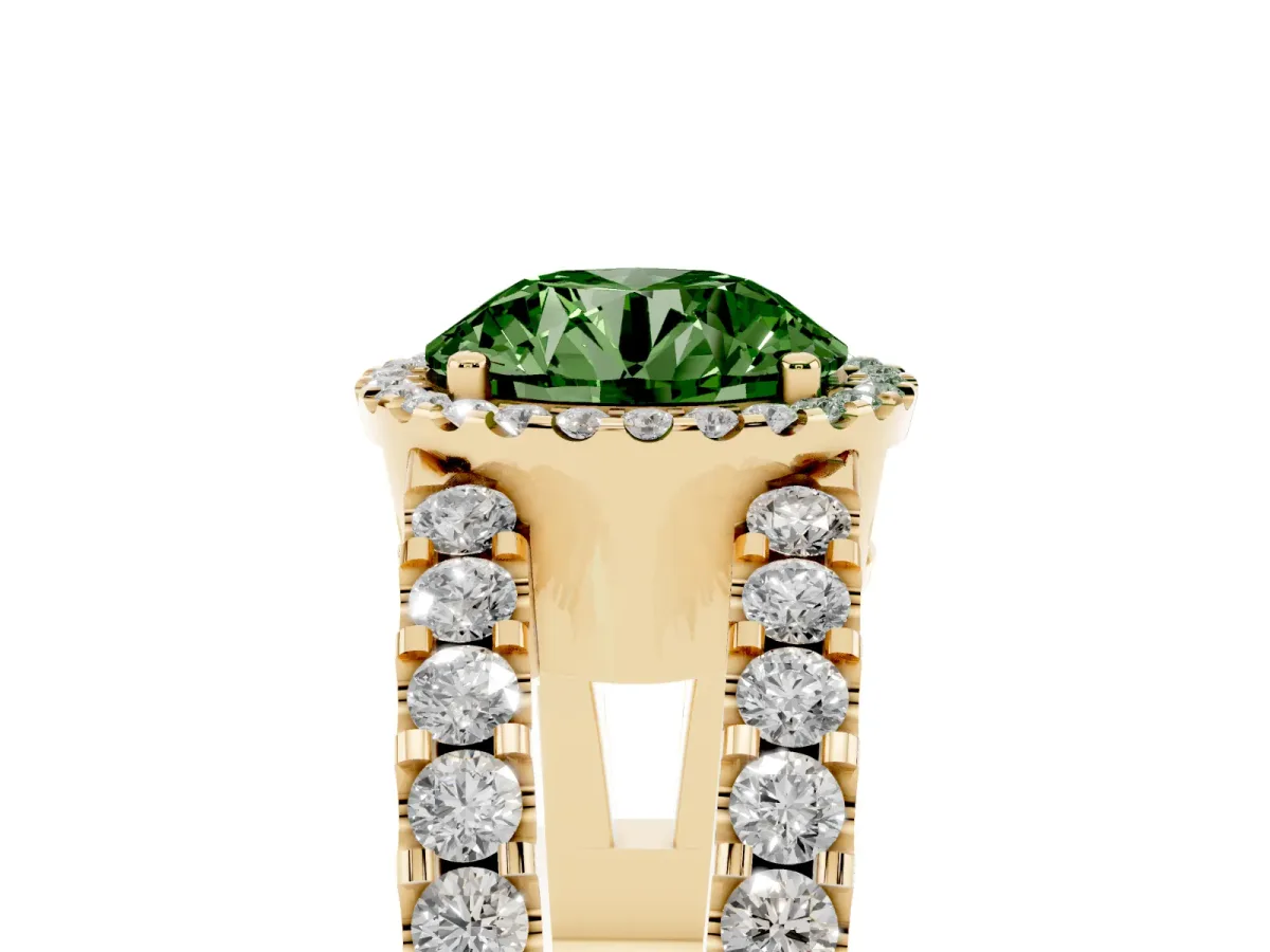 Fancy Green Round Cut Cut Halo Split Shank Diamond Ring with Four-Prong Setting Yellow gold