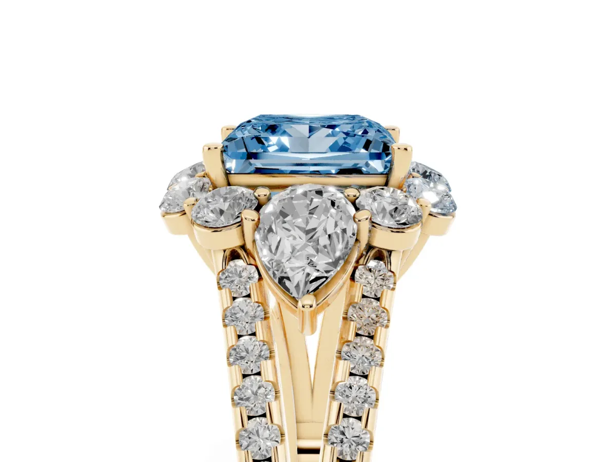 Fancy Blue Princess Cut Halo Split Shank Diamond Engagement Ring with Prong Setting Yellow gold