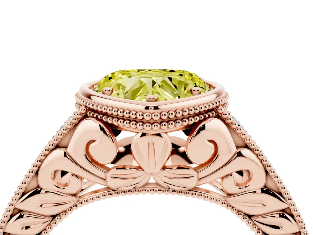 Fancy Yellow Bezel Set Heart Cut Diamond Milgrain Pave Engagement Ring Rose gold
