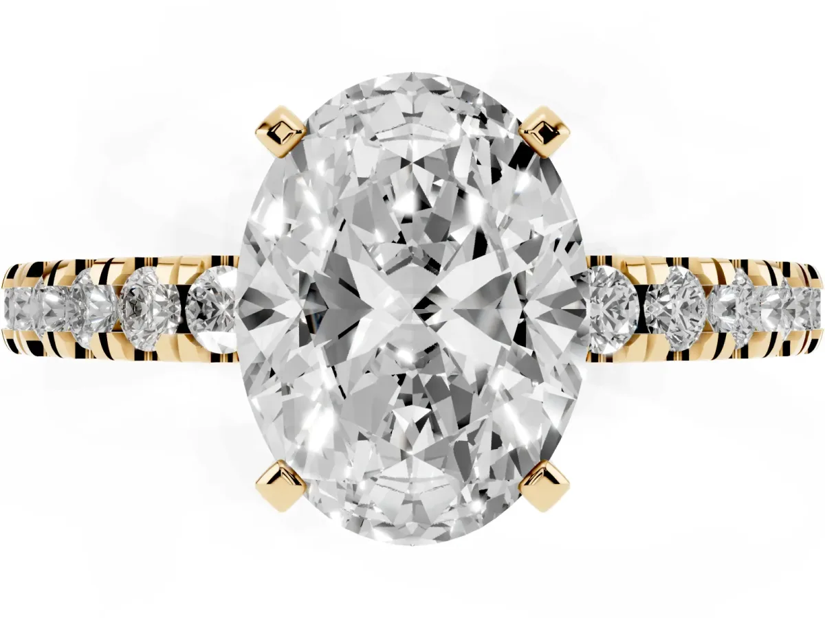 Oval Cut Solitaire Diamond with Pavé Band and Four-Prong Setting Yellow gold