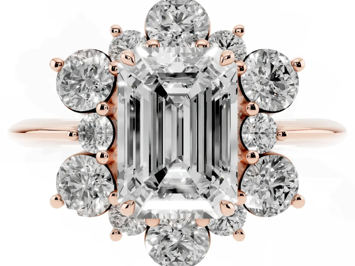 Emerald Cut Diamond Cluster Halo Ring with Solitaire Band and Four-Prong Setting Rose gold