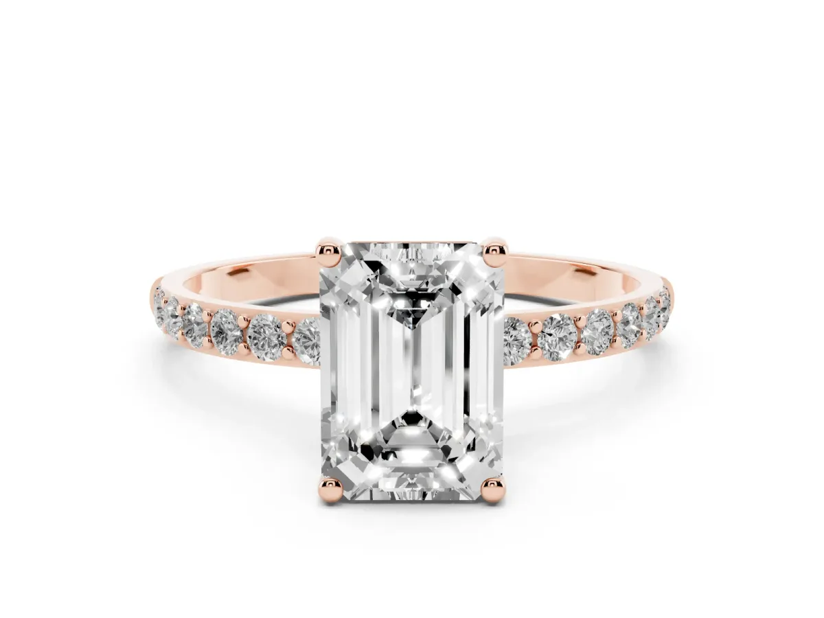 Emerald Cut Diamond Solitaire Ring with Round Pavé Shoulders and Prong Setting Rose gold