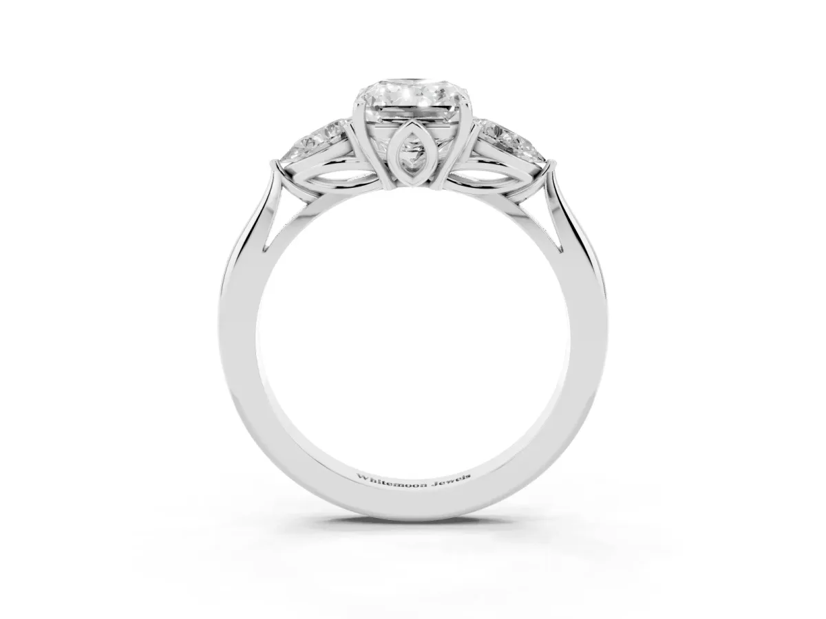 Radiant Cut Diamond Three-Stone Ring with Pear Side Stones and Prong Setting Platinum