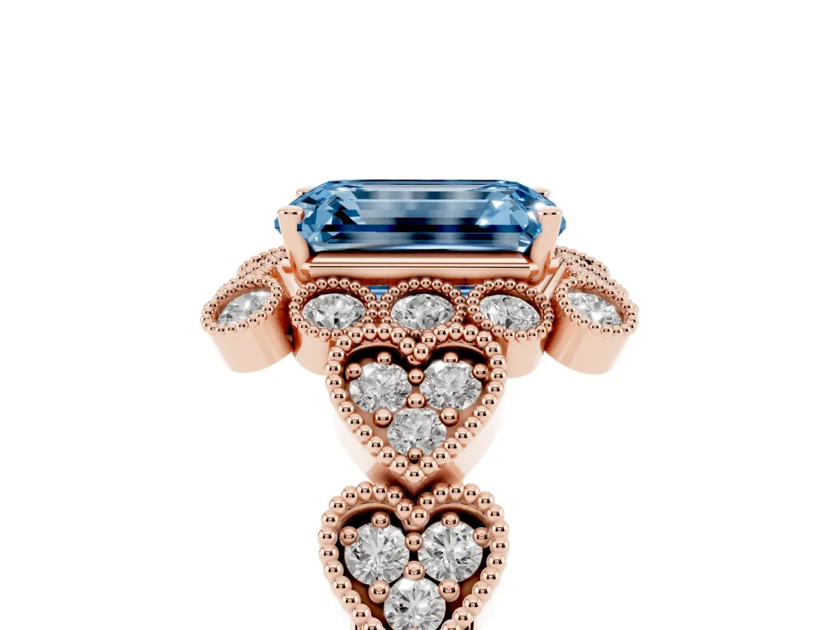 Fancy Blue Emerald Cut Brilliant Milgrain Pave Heart Band Solitaire Ring Rose gold