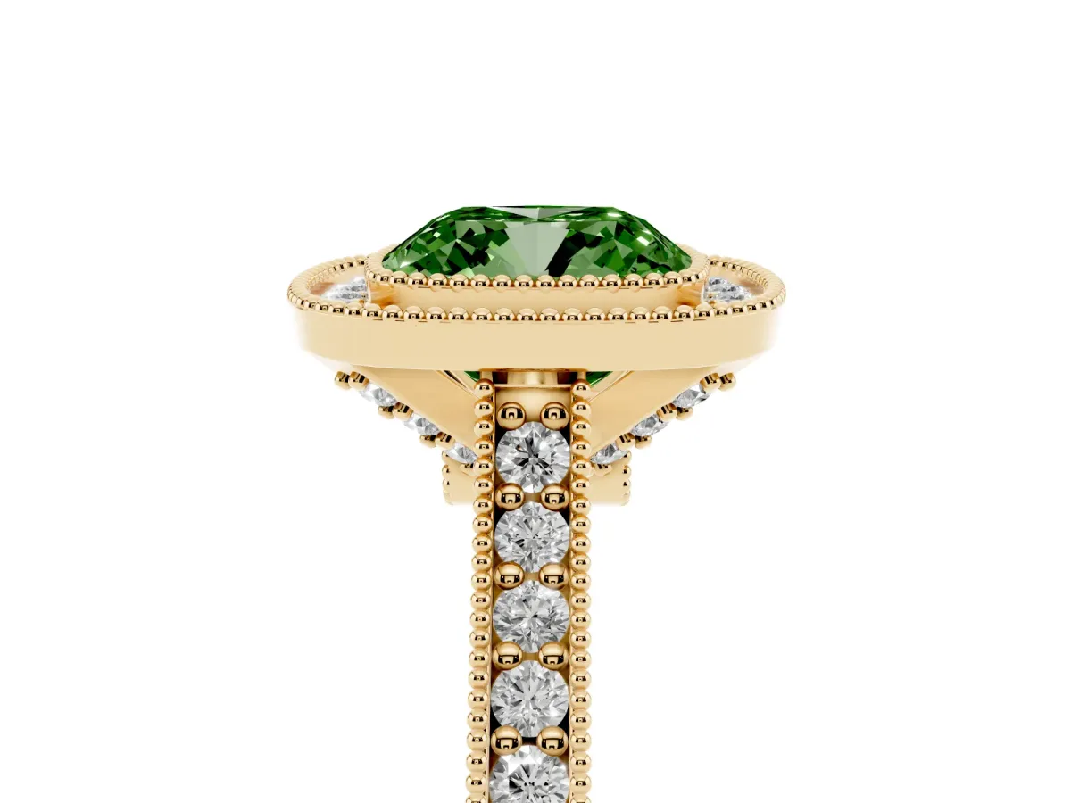 Fancy Green Halo Cushion Cut-Cut Diamond Pave Band Milgrain Prong Setting Ring Yellow gold