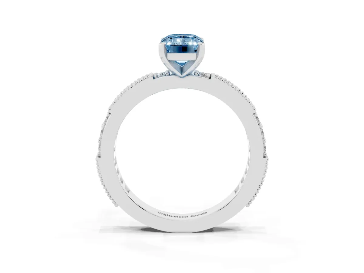 Fancy Blue Emerald Cut Solitaire with Pavé Band and Four-Prong Setting Silver
