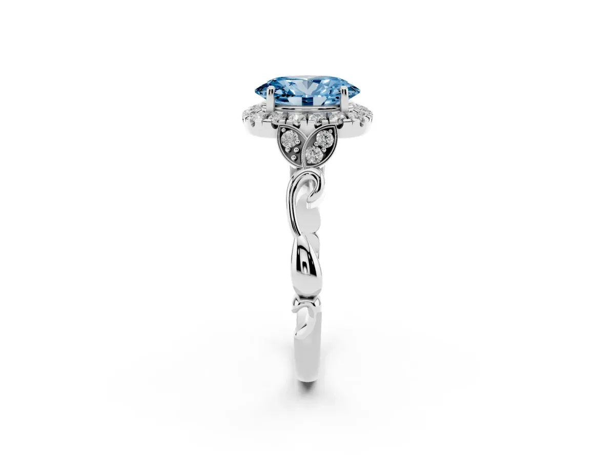 Fancy Blue Oval Cut Halo Diamond Engagement Ring with Vintage-Inspired Band and Four-Prong Setting White gold