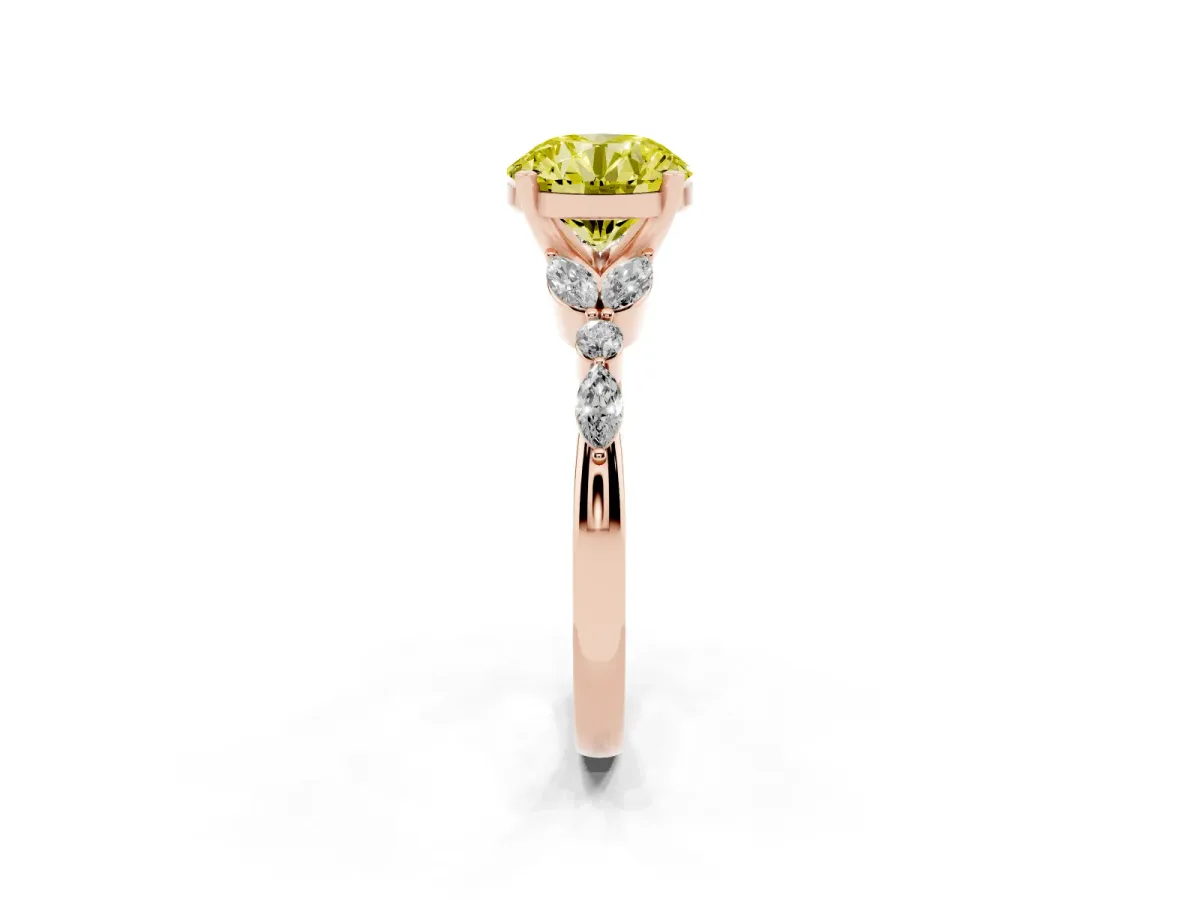 Fancy Yellow Round Cut Diamond Solitaire Ring with Side Stones and Four-Prong Setting Rose gold