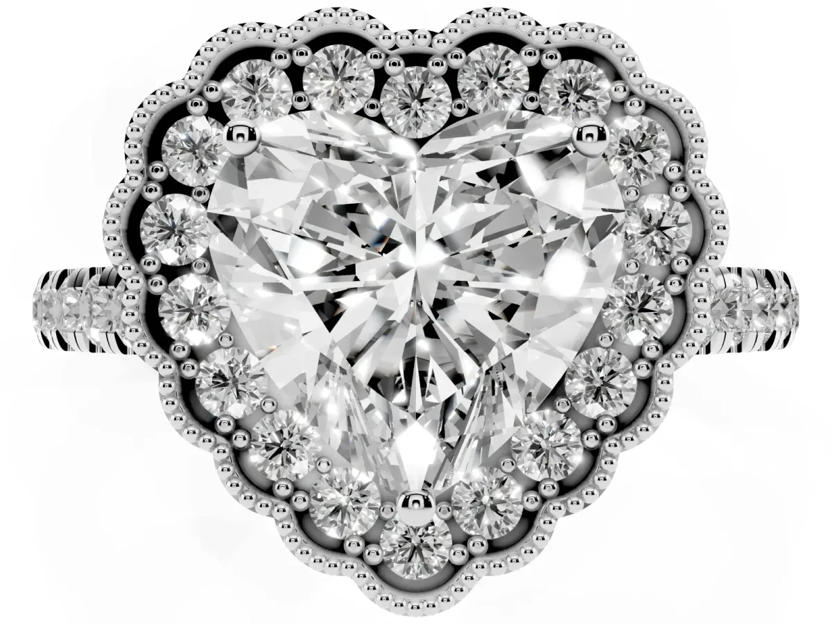 Heart Cut Cut Diamond Milgrain Floral Halo Engagement Ring with Pavé Band Silver
