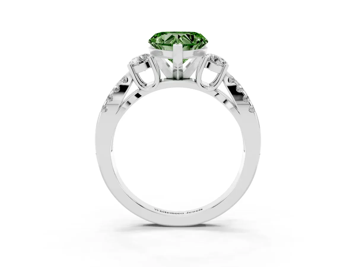 Fancy Green Heart Cut Diamond Three-Stone Ring with Pavé Split Shank and Four-Prong Setting Platinum