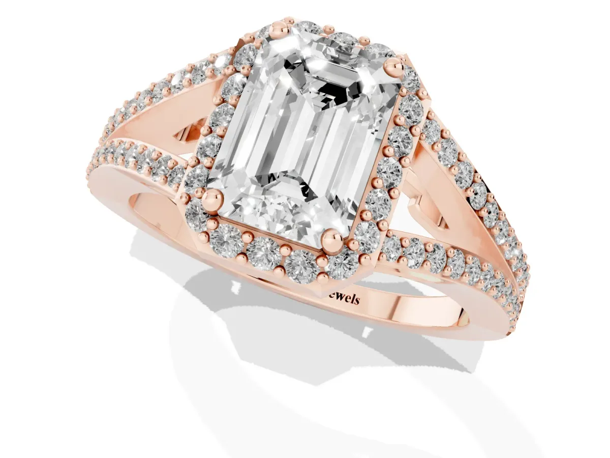 Emerald Cut Halo Split Shank Pave Diamond Ring with Four-Prong Setting Rose gold