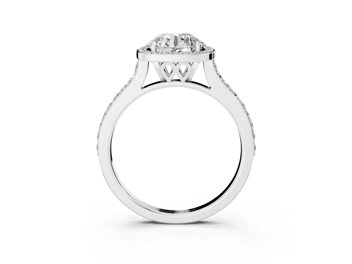 Round Cut Diamond Halo Engagement Ring with Round Pavé Shoulders and Prong Setting Silver