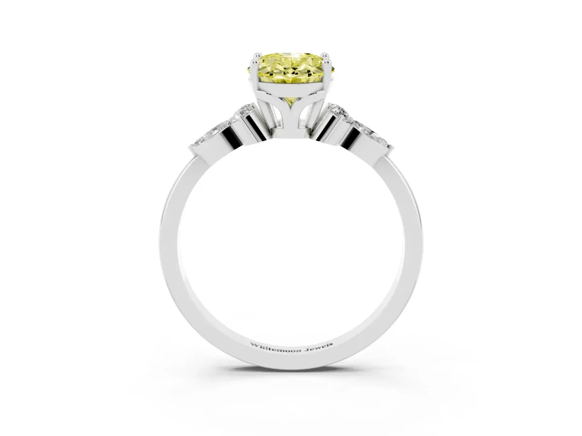 Fancy Yellow Oval Cut Brilliant Diamond Solitaire Ring with Pear Side Stones and Four-Prong Setting White gold
