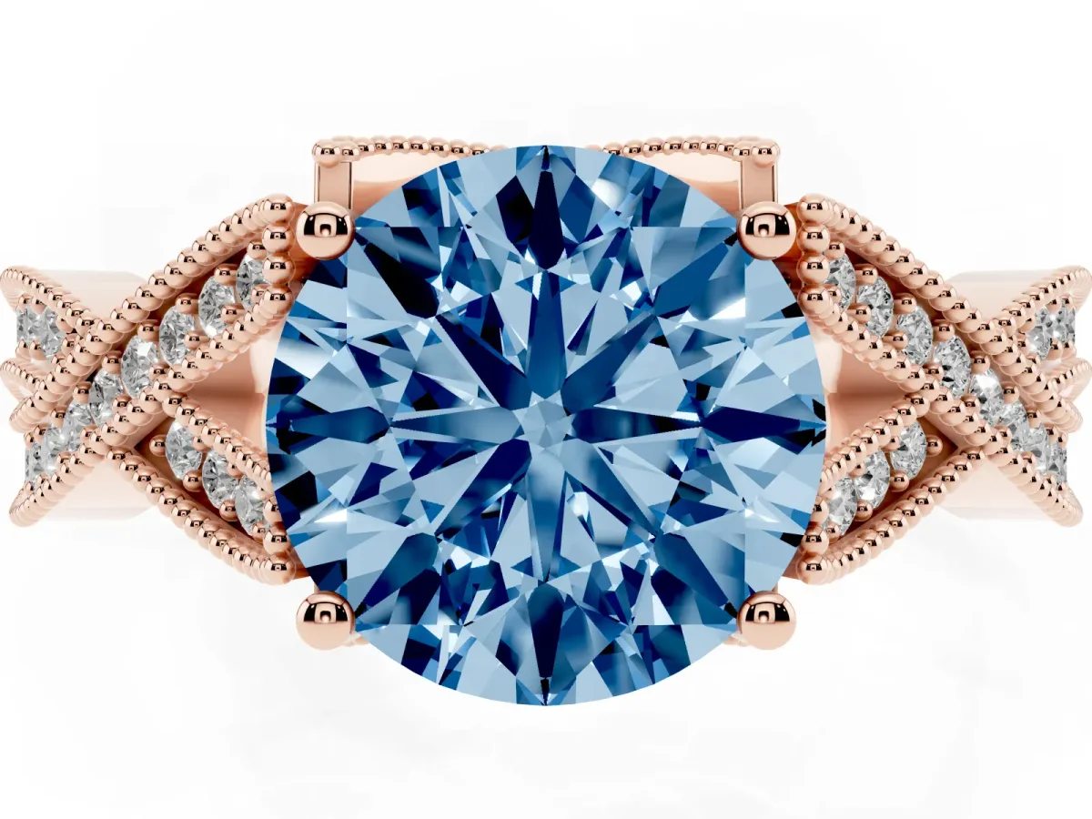 Fancy Blue Round Cut Cut Diamond Twisted Band with Milgrain Pave Setting and Four-Prong Setting Rose gold
