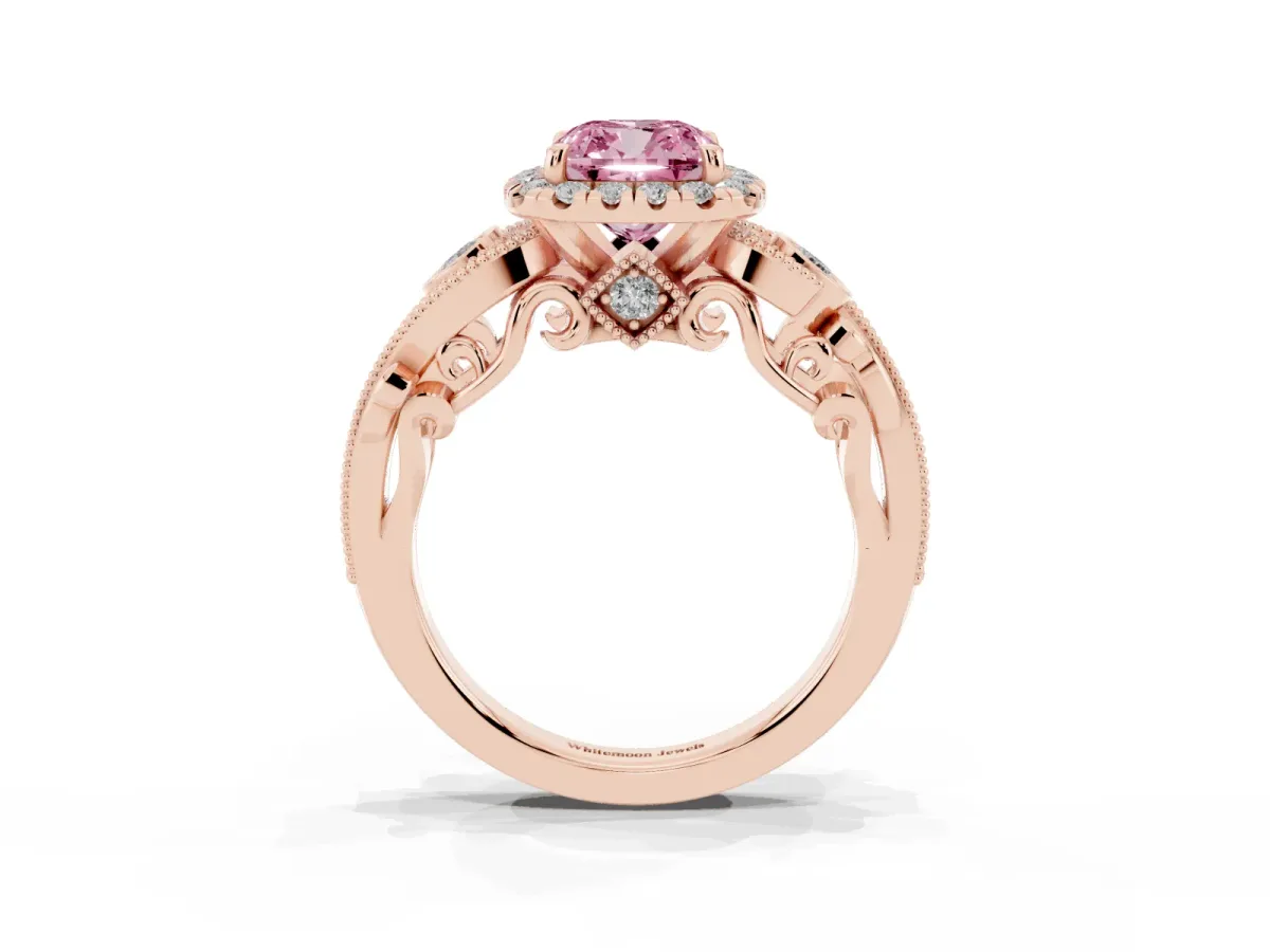 Fancy Pink Cushion Cut Diamond Halo Ring with Milgrain Pavé Band and Four-Prong Setting Rose gold