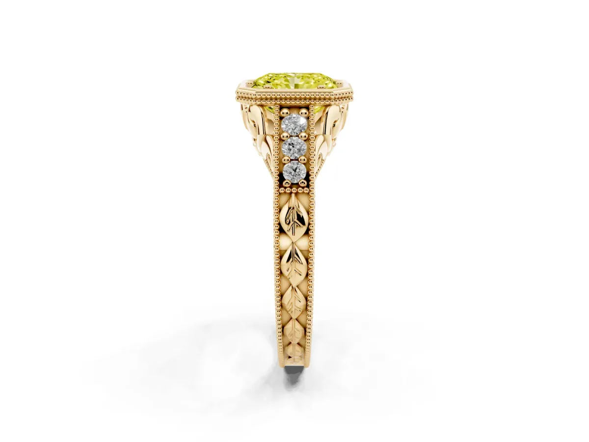 Fancy Yellow Bezel Set Radiant Cut Diamond Milgrain Pave Engagement Ring Yellow gold