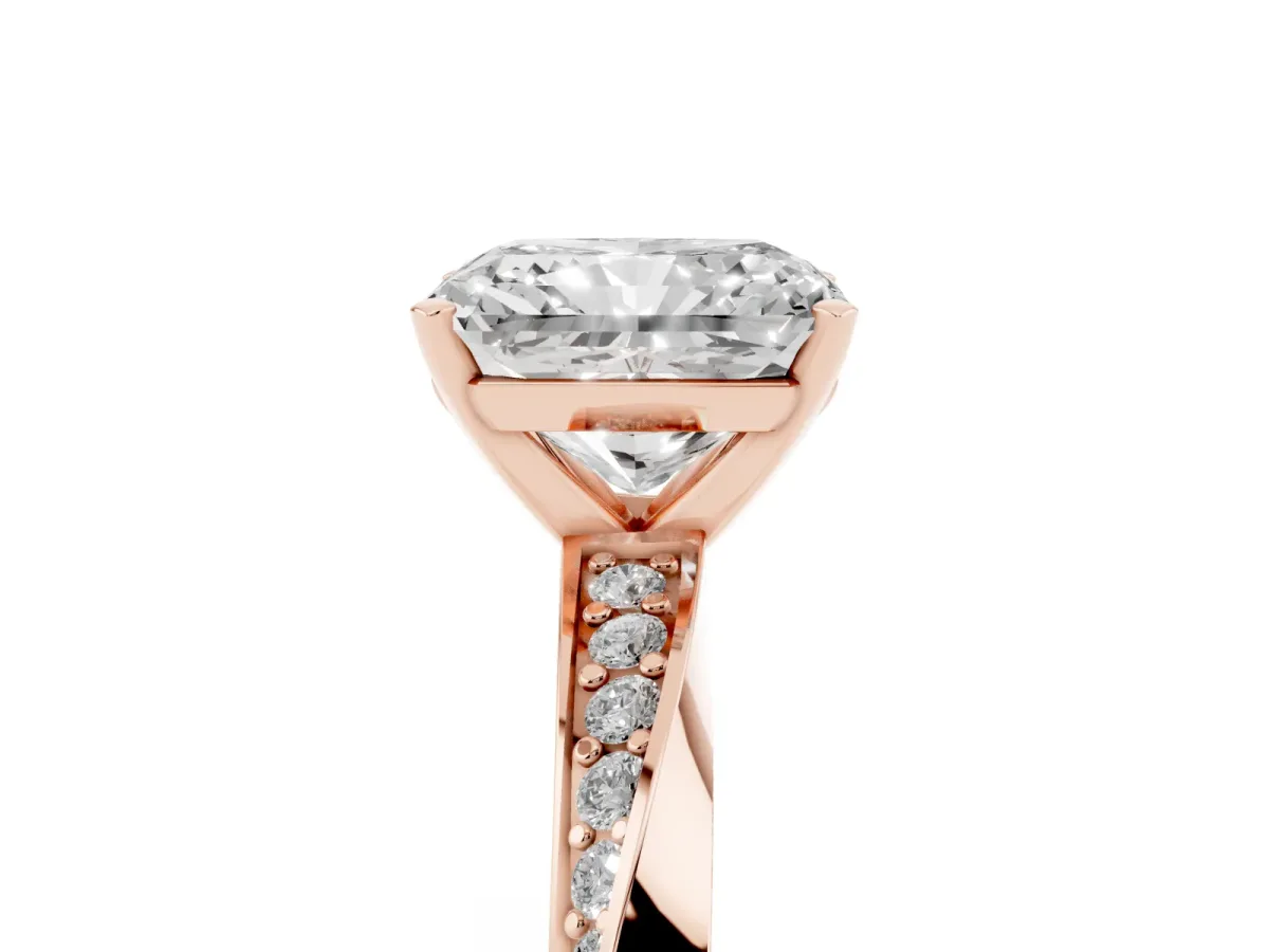 Radiant Cut Diamond Engagement Ring with Side Stone Accents and Four-Prong Setting Rose gold