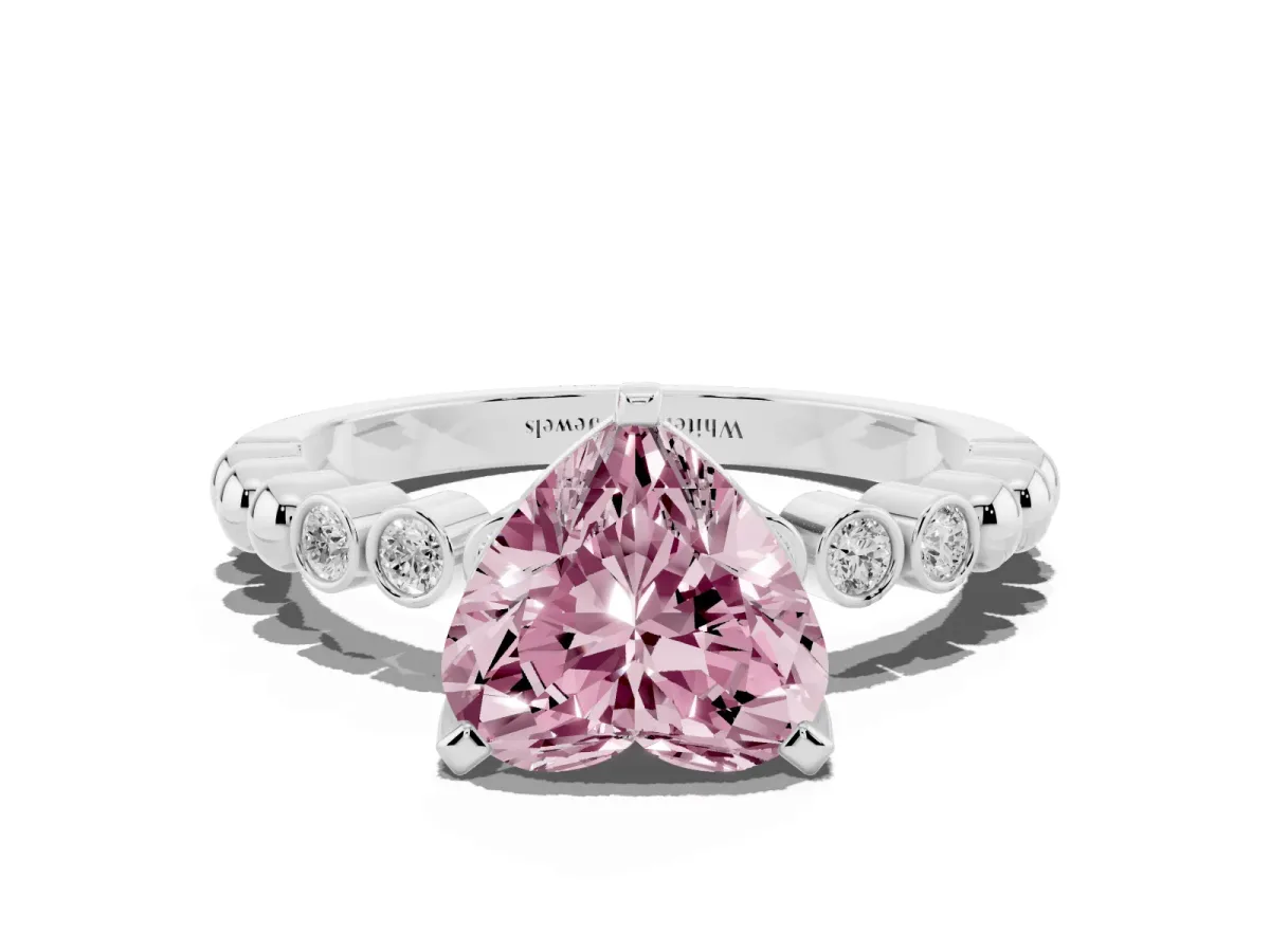 Fancy Pink Heart Cut Solitaire Bezel Accent Diamond Engagement Ring with Beaded Band and Four-Prong Setting Silver
