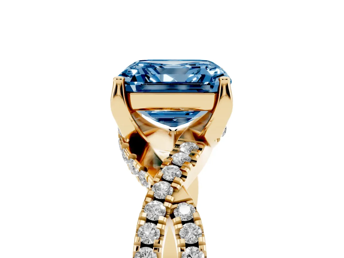 Fancy Blue Asscher Cut Solitaire Twist Pave Diamond Engagement Ring with Prong Setting Yellow gold