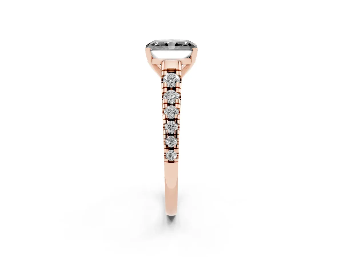 Fancy Black Radiant Cut Diamond Cathedral Solitaire Ring with Round Pavé Band Rose gold