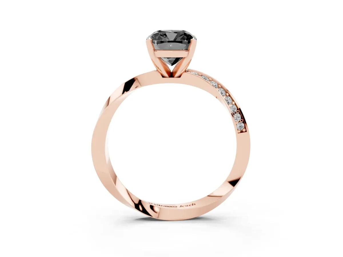 Fancy Black Cushion Cut Diamond Engagement Ring with Side Stone Accents and Four-Prong Setting Rose gold