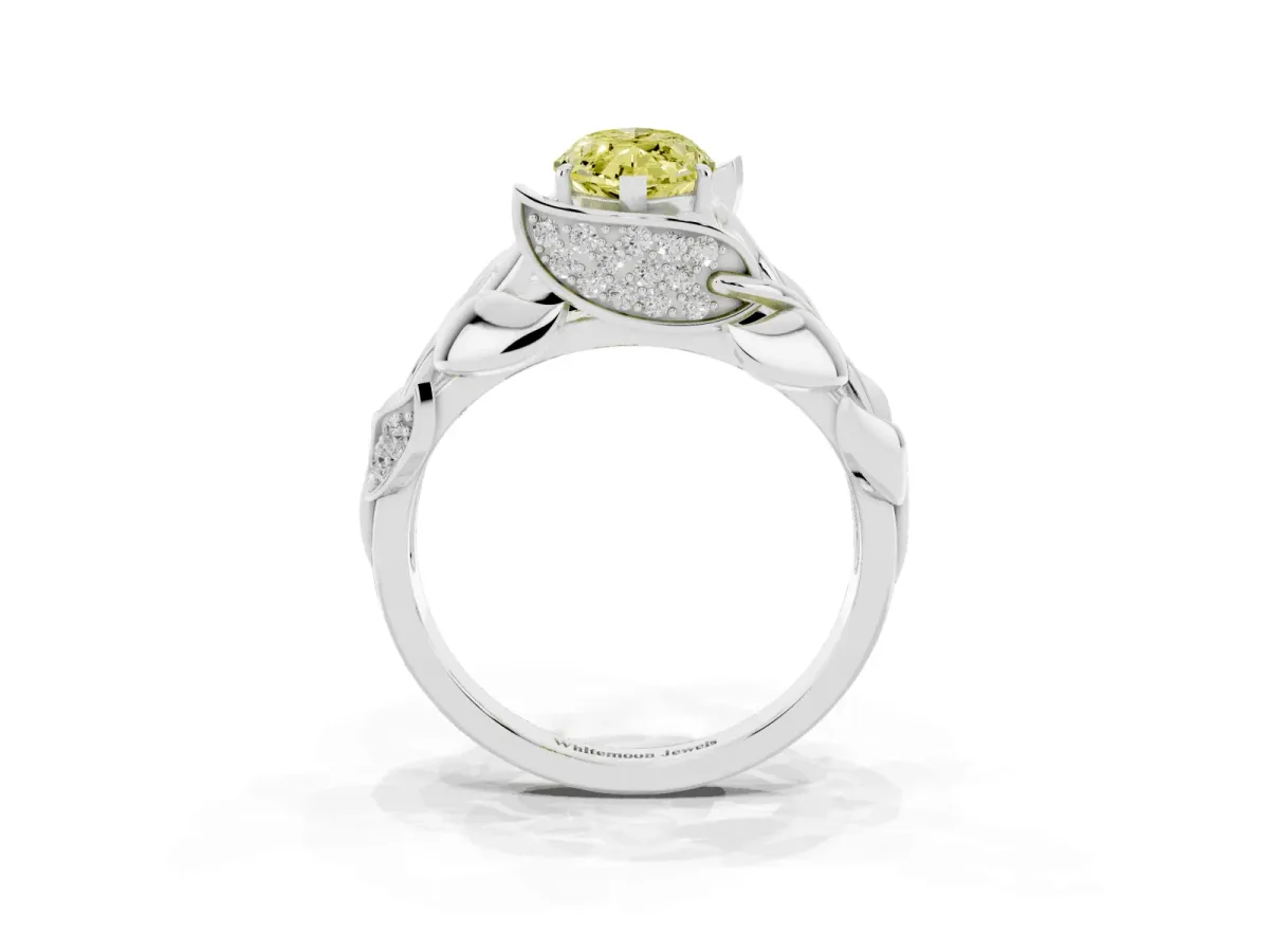 Fancy Yellow Marquise Cut Diamond Leaf-Inspired Engagement Ring with Round Accents and Prong Setting Platinum