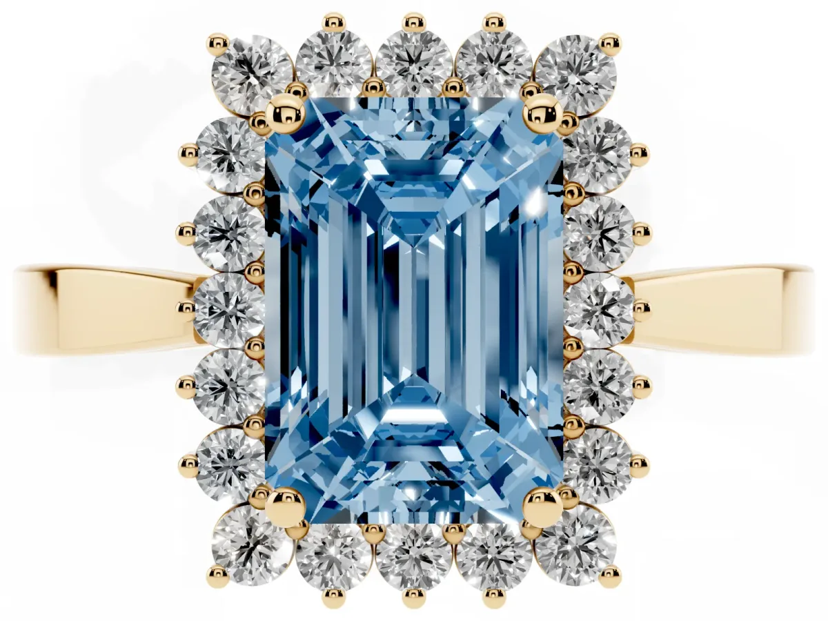 Fancy Blue Emerald Cut Cut Diamond Halo Ring with Round Brilliant Halo and Solitaire Band Yellow gold