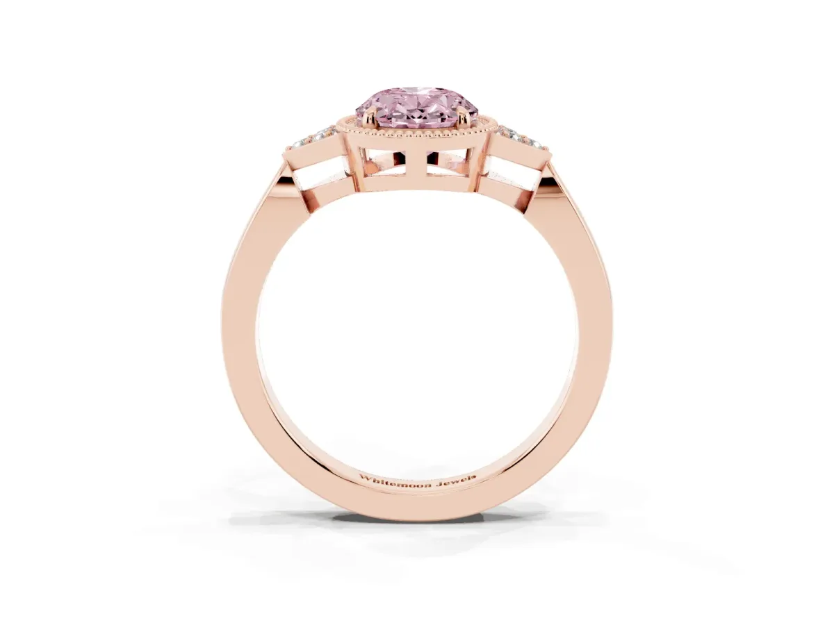 Fancy Pink Oval Cut Diamond Halo Ring with Tapered Band and Four-Prong Setting Rose gold