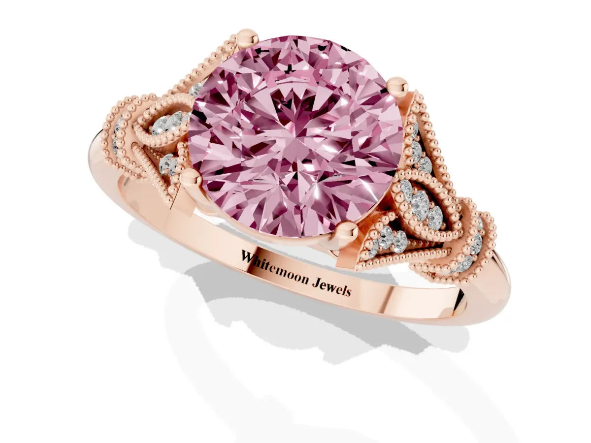 Fancy Pink Round Cut Diamond Solitaire Ring with Floral Filigree and Pave Accents Rose gold