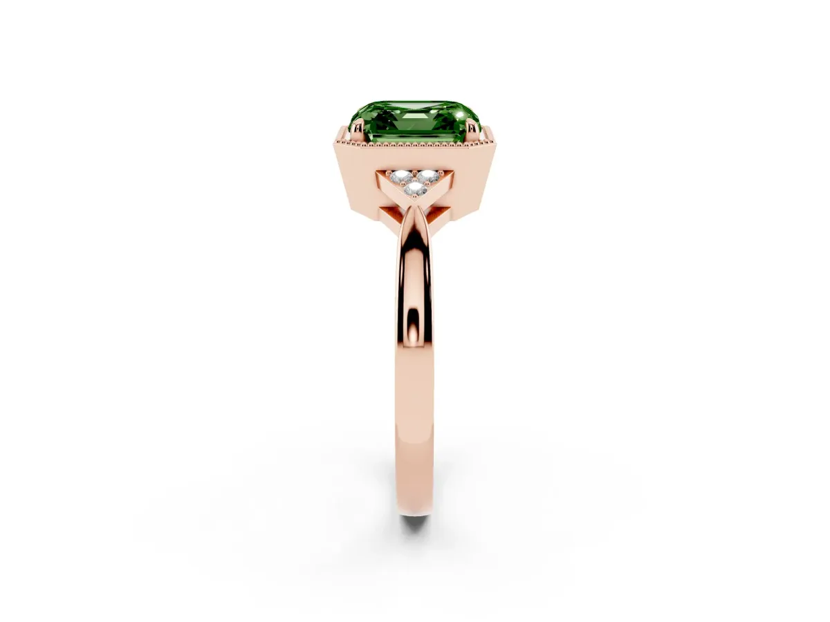 Fancy Green Asscher Cut Diamond Halo Ring with Tapered Band and Four-Prong Setting Rose gold