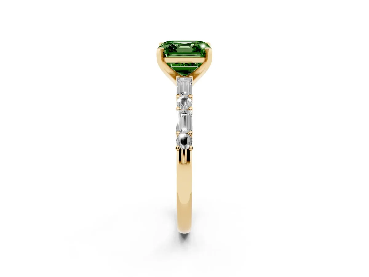 Fancy Green Asscher Cut Diamond Solitaire with Side Baguettes and Channel Set Band Yellow gold