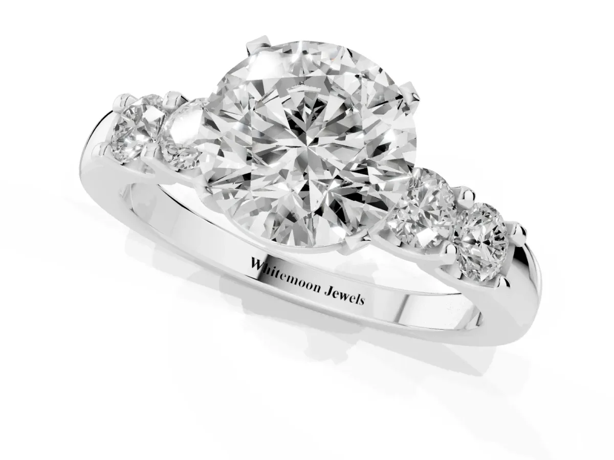 Round Cut Brilliant Cut Diamond Five-Stone Prong Set Engagement Ring with Channel Band Silver
