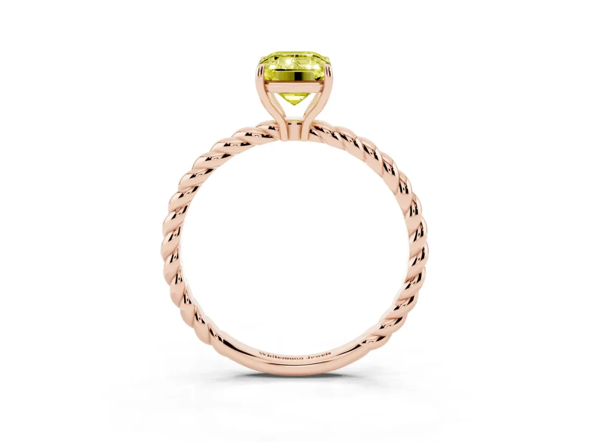 Fancy Yellow Emerald Cut Solitaire Twist Band Ring with Four-Prong Setting Rose gold