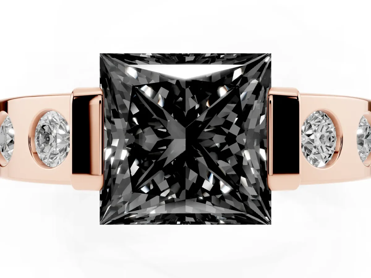 Fancy Black Princess Cut Brilliant Channel-Set Diamond Ring with Bezel Prong Setting Rose gold