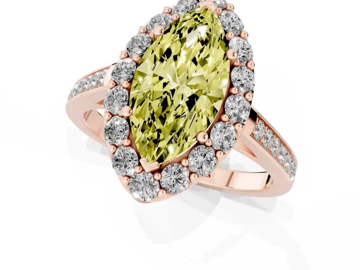 Fancy Yellow Marquise Cut Diamond Floral Halo Ring with Pavé Band and Prong Setting Rose gold