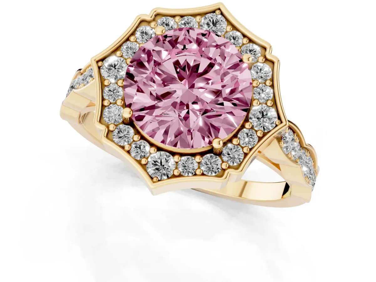 Fancy Pink Round Cut Halo Diamond Engagement Ring with Milgrain Band and Four-Prong Setting Yellow gold
