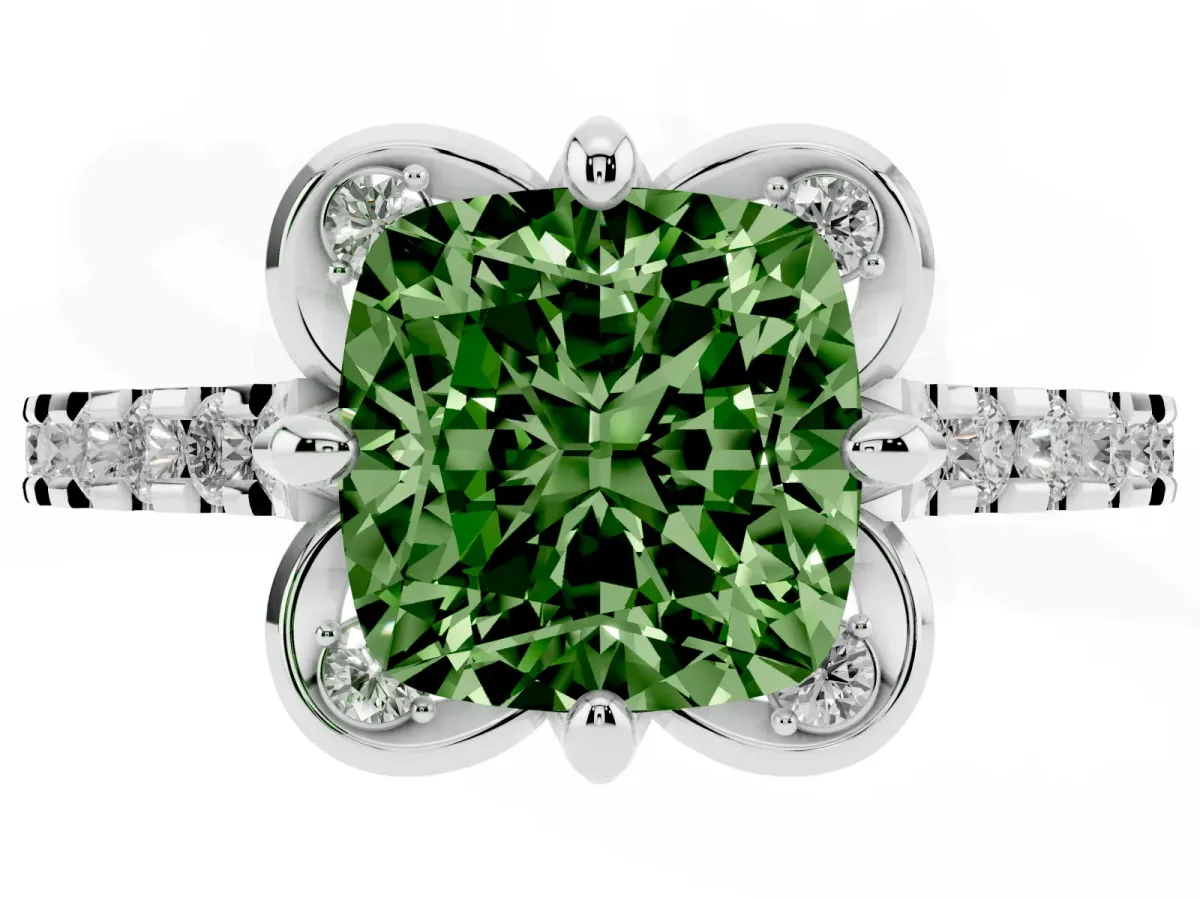 Fancy Green Cushion Cut Diamond Ring with Pavé Band and Floral Prong Setting Platinum