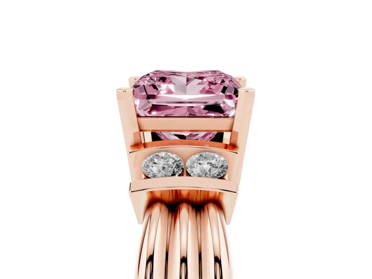 Fancy Pink Princess Cut Cut Three-Stone Channel Set Ring with Bar Prongs Rose gold