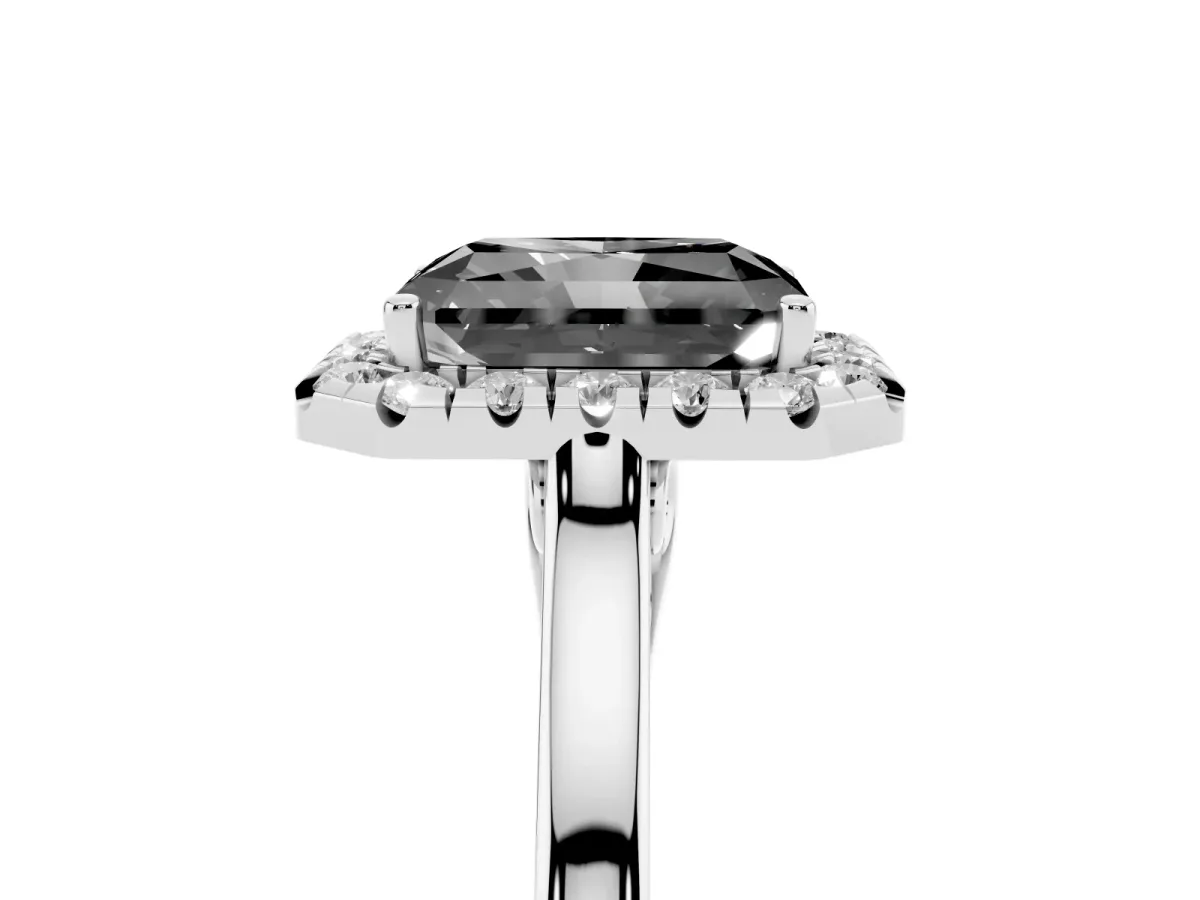 Fancy Black Radiant Cut Halo Round Diamond Solitaire Ring with Pavé Band and Four-Prong Setting Platinum