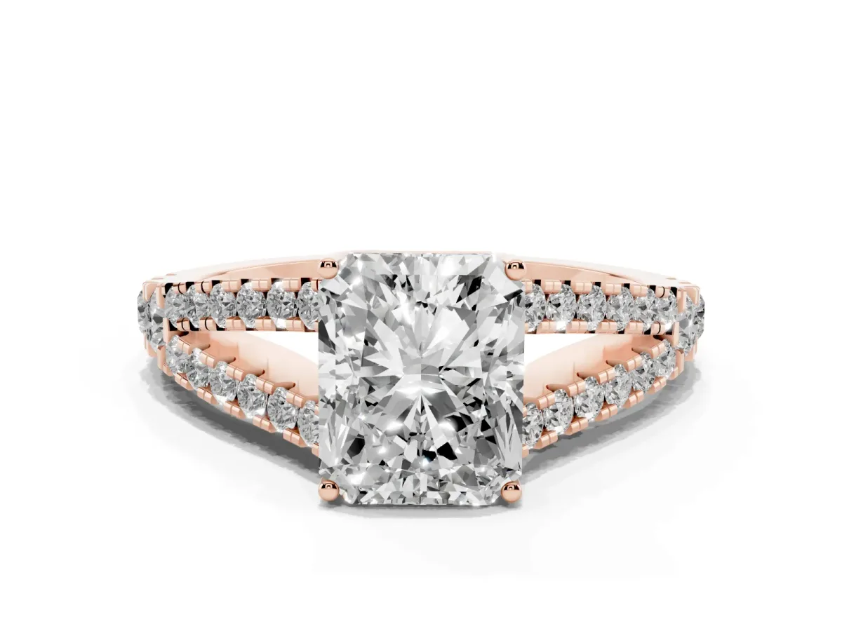 Radiant Cut Diamond Split Shank Pavé Engagement Ring with Four-Prong Setting Rose gold