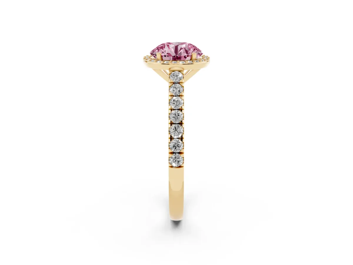 Fancy Pink Round Cut Cut Halo Diamond Engagement Ring with Pave Band and Four-Prong Setting Yellow gold