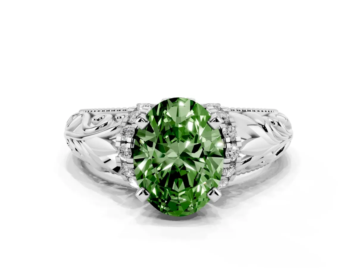 Fancy Green Oval Cut Solitaire Filigree Engagement Ring with Halo and Prong Setting Silver