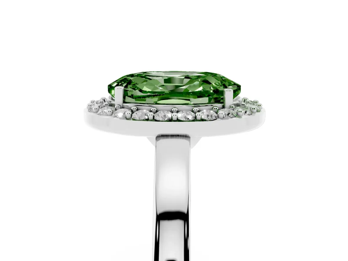 Fancy Green Oval Cut Halo Diamond Ring with Solitaire Band and Prong Setting Silver
